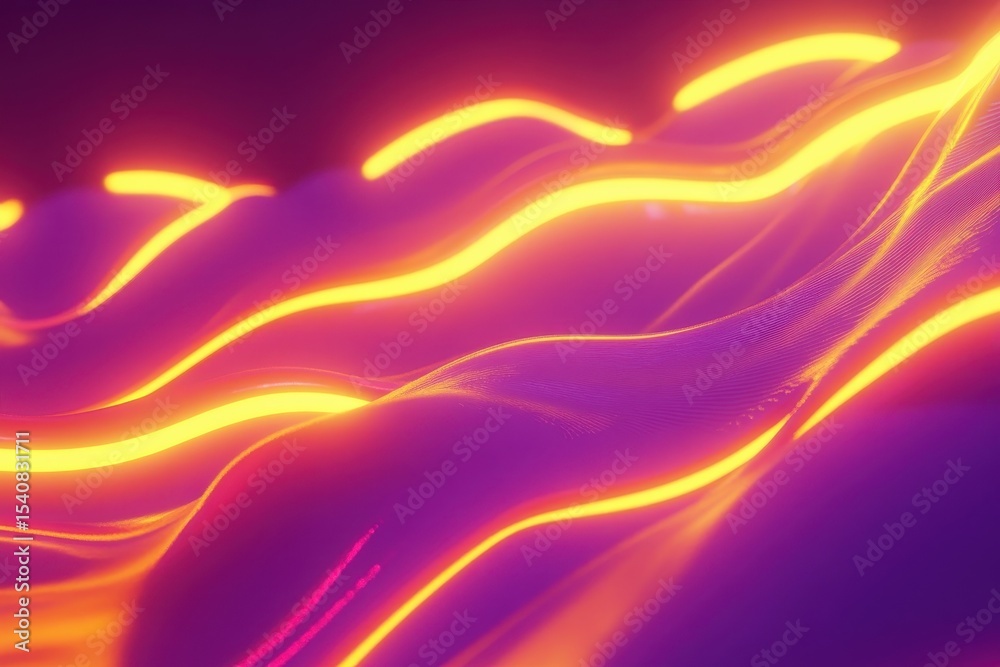 Poster vibrant violet and yellow neon waves create an abstract glowing pattern, violet yellow glowing neon 