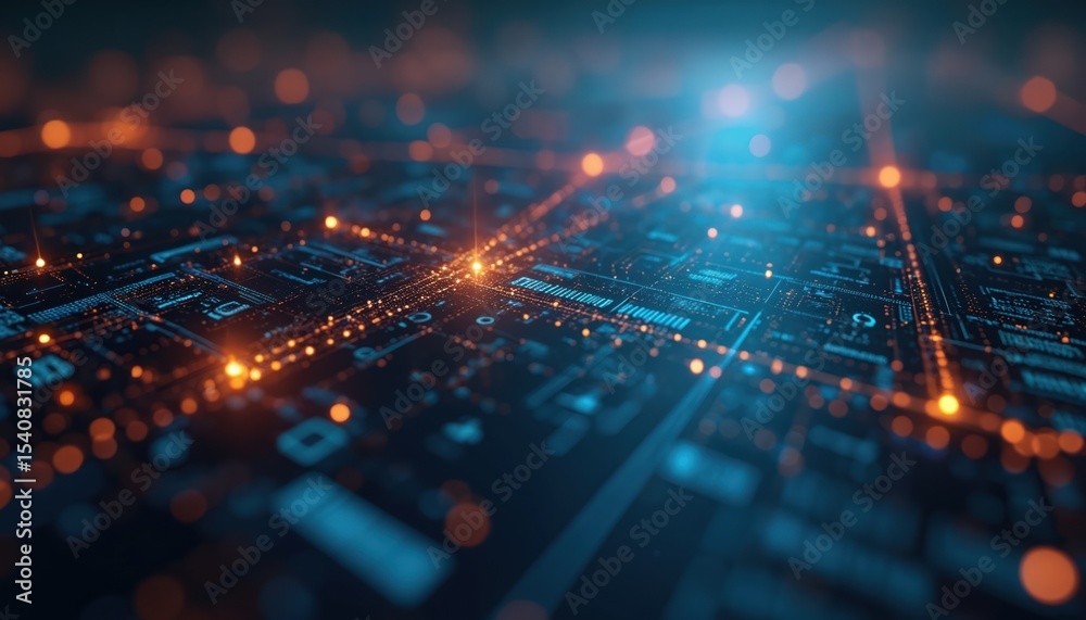 Poster Abstract digital tech design features dim lights. Lines, waves, network nodes, data structure, connections, elements. Digital visualisation, tech concept. Modern futuristic aesthetic digital