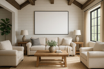 Beige Farmhouse Living Room Cream Sofa Wooden Coffee Table Large Blank Canvas Wall Decor couch