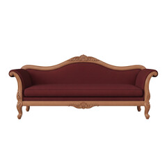 Ornate burgundy sofa with carved wooden frame and curved arms