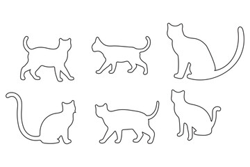 Collection of black cat silhouettes in various poses. Set of black cat silhouette. Kitten silhouette collection isolated on white background