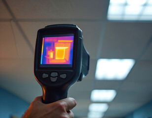 Hand holds thermal imager during building inspection. Detects heat loss, energy efficiency, identifies problems. Thermography, thermal imaging tech detects temperature variations. Industrial,