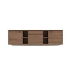 Wide low wooden TV stand with drawers and open shelves