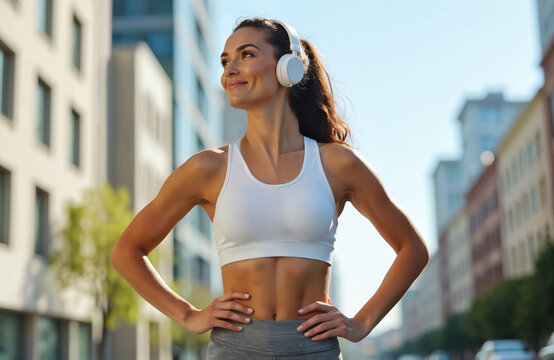 Attractive athletic woman wearing sports bra and grey leggings listening music with headphones after workout outdoor. Healthy fit girl with muscular body rests after run in sunny urban environment.