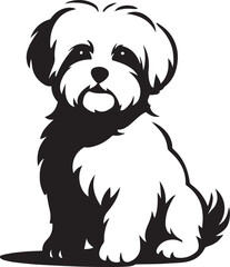 Sitting shih tzu dog cute black silhouette, Small dog pet silhouette black white design