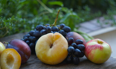 Black grapes, yellow leaves, various fruits on a blackboard
