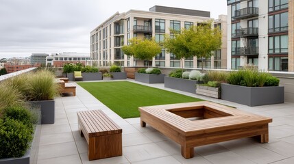 Modern rooftop terrace with garden and wooden furniture in urban setting