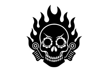 Obraz premium Flaming Skull Head with Vintage Motorcycle Engine Parts – Dark Automotive Art