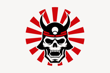Fototapeta premium Samurai Skull in Helmet with Vintage Rising Sun Background - Japanese Warrior Art
