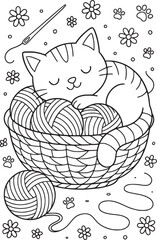 Sleeping Cat in Yarn Basket – Cute Knitting-Themed Coloring Page for Kids