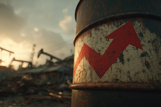 Close-up of an oil barrel with a red arrow pointing up, set against a backdrop of pump jacks, illustrating rising oil prices and energy industry trends in the current market.