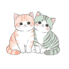 手描き風の仲良し猫イラスト &ndash; シンプル背景のふんわりデザイン