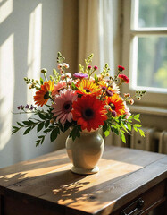 Morning bouquet of gerberas on a rustic table. Sun. Morning. Gerberas