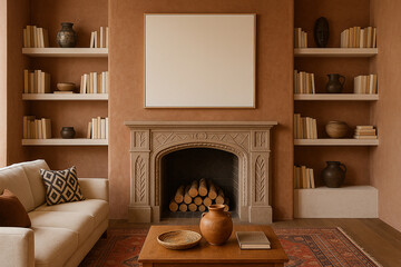 Beige Sofa Earthy Tones Living Room Interior Design Calm Atmosphere Tan Walls Built In Bookshelves Fireplace Wooden