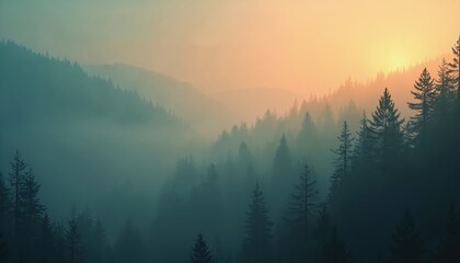 Misty fir forest landscape. Sunlight peeks through fog. Pine trees silhouettes on a misty mountain. Nature scenic view in retro style. Vintage retro aesthetic. Beautiful natural environment scenery.