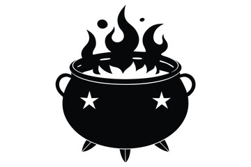Isolated Black Silhouette of a Cauldron with Handles, Stars and Flickering Flames