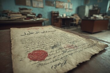 An old, historical document with Arabic script and a prominent red wax seal, laying on a wooden surface in a cluttered room, suggesting a sense of mystery.