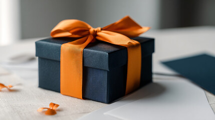 Dark Blue Gift Box with Orange Ribbon and Stationery Flatlay