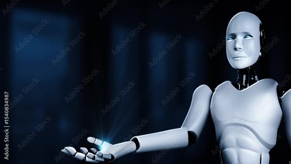 Poster ai hominoid robot holding hologram screen shows concept of global communication network using artifi