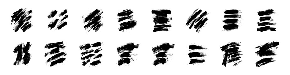 Brushstroke textures, various styles and orientations, painted with dark ink on white surface