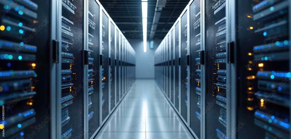 Poster Modern data center with illuminated servers, bright ambient lighting. Technology cloud computing data storage theme. High-tech industry digital cyberspace system networking, engineering solutions,