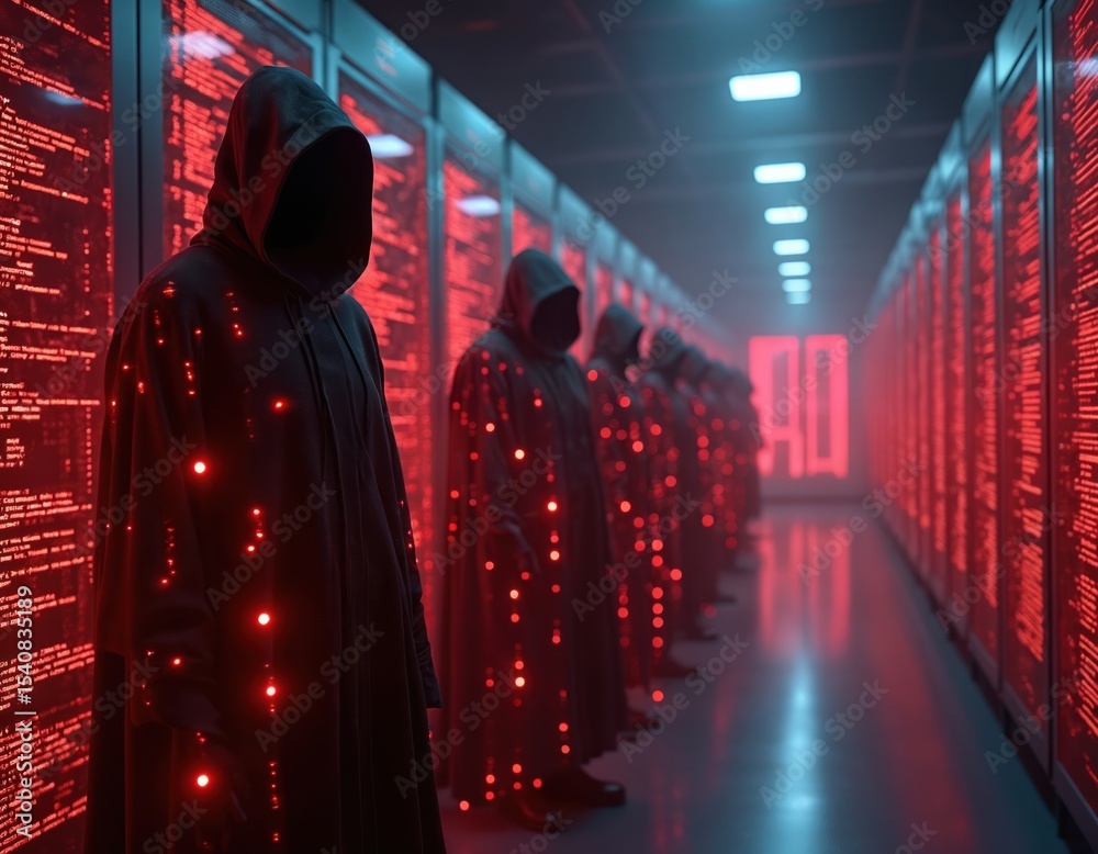 Aufkleber Mysterious figures cloaked in black robes in a futuristic digital landscape. Red code streams glow around them suggesting digital hackers or cyber threats. Cyber security concept or AI surveillance.