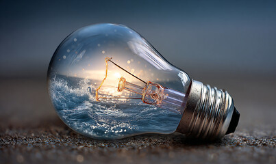A lightbulb filled with ocean waves and a sunset lying on a textured surface in a close up shot