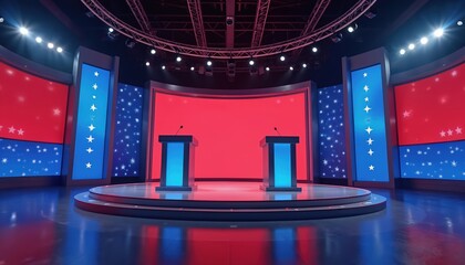 Empty studio for political debates. Stands with microphones, red-blue color scheme. Stage prepared for press conferences, elections, public speeches, media talks. Symbol of democracy, discussion,