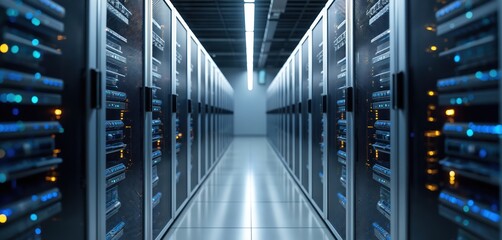 Modern data center with illuminated servers, bright ambient lighting. Technology cloud computing data storage theme. High-tech industry digital cyberspace system networking, engineering solutions,