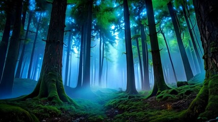 Enchanted forest scene featuring a large, glowing blue beetle crawling on mossy ground amidst the blurred trees in the background.