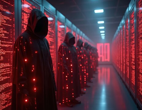 Mysterious figures cloaked in black robes in a futuristic digital landscape. Red code streams glow around them suggesting digital hackers or cyber threats. Cyber security concept or AI surveillance.