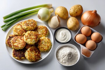 Delicious potato pancakes arranged beautifully with fresh ingredients on a clean kitchen counter during a vibrant cooking session