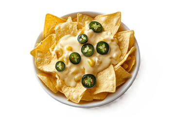 Top view of nachos melted cheese and jalapeos isolated on white festive food concept for Mexican themed promotions and fast food visuals