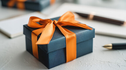 Dark Blue Gift Box with Orange Ribbon and Stationery Flatlay