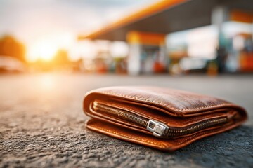 Close-up shot of a brown leather wallet lying on the ground near a gas station, with golden sunlight creating a warm and inviting ambiance for travel.