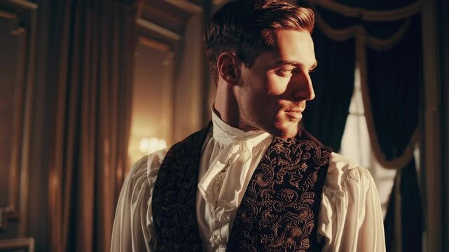 handsome regency-era man, tall and lean muscular build, cinematic lighting, romantic historical style, he wears a regency vest and coat