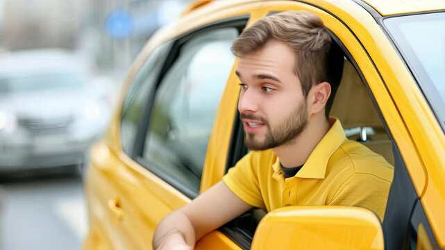 A young man enjoys a moment as he leans out of a yellow taxi, surrounded by busy traffic in a lively urban setting
