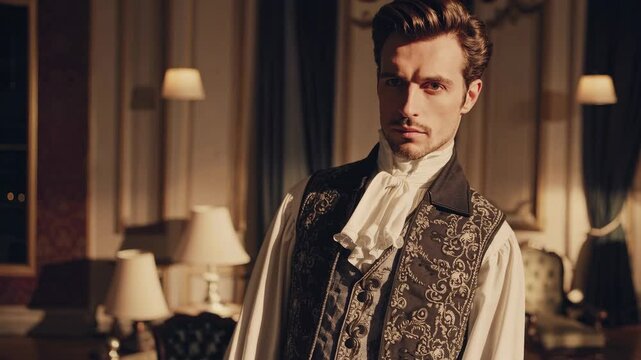 handsome regency-era man, tall and lean muscular build, cinematic lighting, romantic historical style, he wears a regency vest and coat