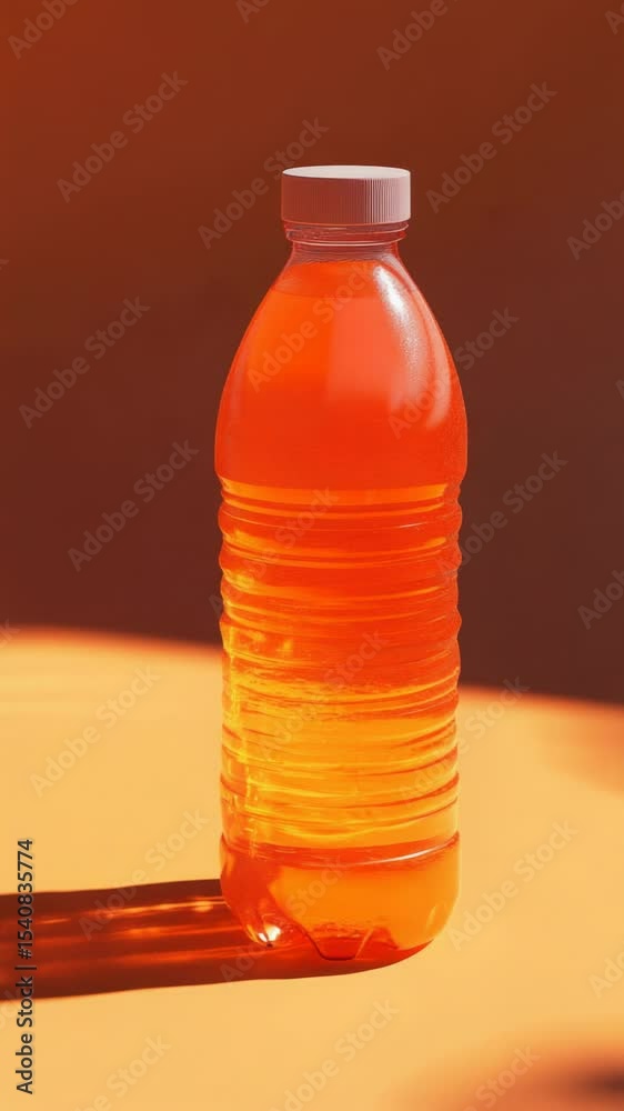 Poster a single serving of orange juice in a clear glass bottle sits on a table, ready to be enjoyed