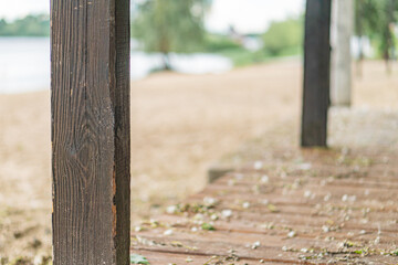 Weathered wooden fence post near a garden or lawn, with peeling edges and soft lighting Muted earth...