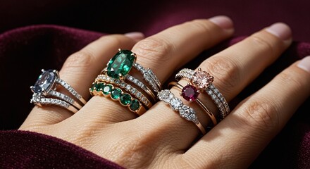Luxury gemstone rings on hand showcasing emerald diamond ruby and morganite gems