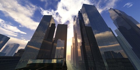 Skyscrapers, high-rise buildings from below against the background of the sky, cityscape, panorama of skyscrapers, 3D rendering © ustas