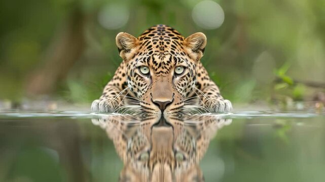 A leopard is stealthily positioned at the water's edge, carefully watching its environment in a vibrant, green setting