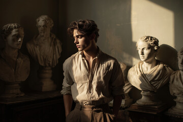  Melancholic Young Man Among Antique Statues
A young man with classic features and a pensive gaze stands in an old-world interior surrounded by plaster busts.  
