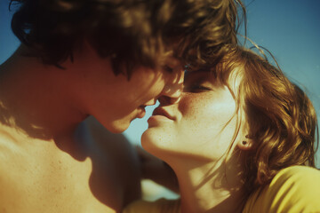 Tender Kiss Between Young Lovers in Warm Sunlight
A dreamy, sun-drenched moment of a shirtless young man and a girl in a yellow T-shirt about to kiss under a bright blue sky, their bodies close 