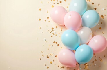 Festive background with colorful balloons, confetti. Pastel colors create happy mood. Perfect for birthday party, holiday celebration, baby shower. Balloons in pink, blue, white. Fun celebration