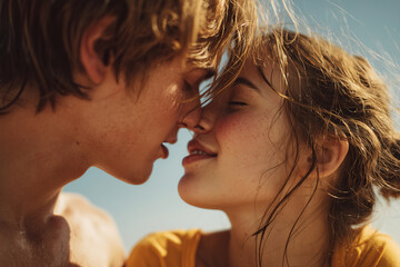 Tender Kiss Between Young Lovers in Warm Sunlight
A dreamy, sun-drenched moment of a shirtless young man and a girl in a yellow T-shirt about to kiss under a bright blue sky, their bodies close 