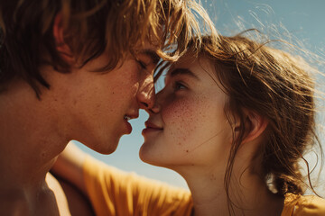 Tender Kiss Between Young Lovers in Warm Sunlight
A dreamy, sun-drenched moment of a shirtless young man and a girl in a yellow T-shirt about to kiss under a bright blue sky, their bodies close 
