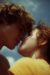 Tender Kiss Between Young Lovers in Warm Sunlight
A dreamy, sun-drenched moment of a shirtless young man and a girl in a yellow T-shirt about to kiss under a bright blue sky, their bodies close 