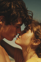 Tender Kiss Between Young Lovers in Warm Sunlight
A dreamy, sun-drenched moment of a shirtless young man and a girl in a yellow T-shirt about to kiss under a bright blue sky, their bodies close 